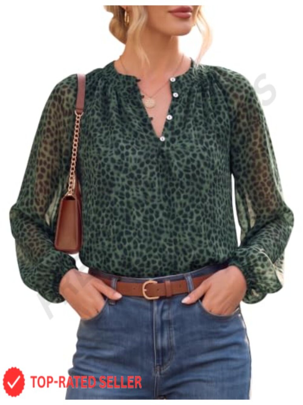 Womens Chiffon Blouse Leopard Print Bishop Sleeve Button Neck Dressy Casual